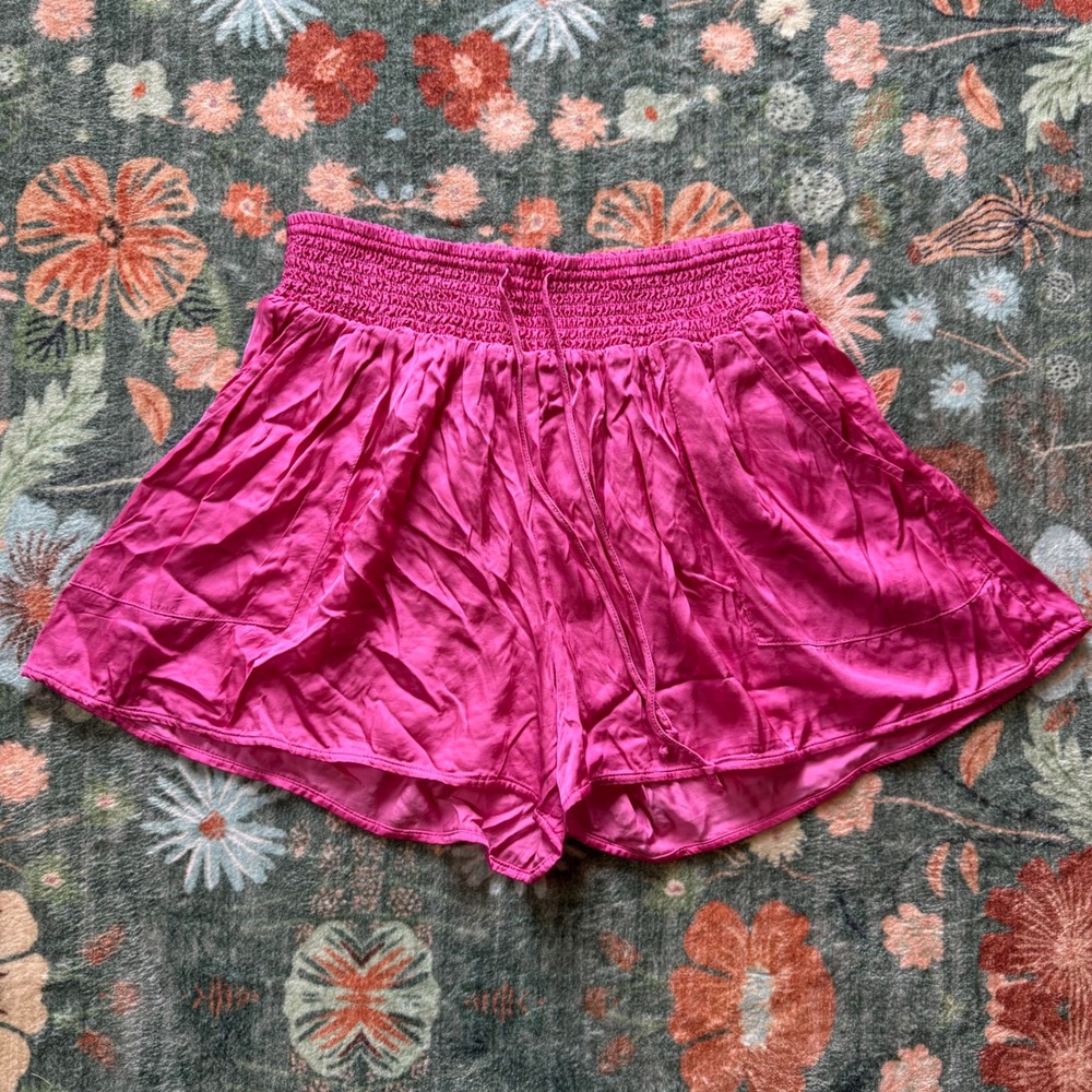 Aerie Womens Smocked Waist Drawstring‎ Shorts Bright Pink Viscose Size Medium